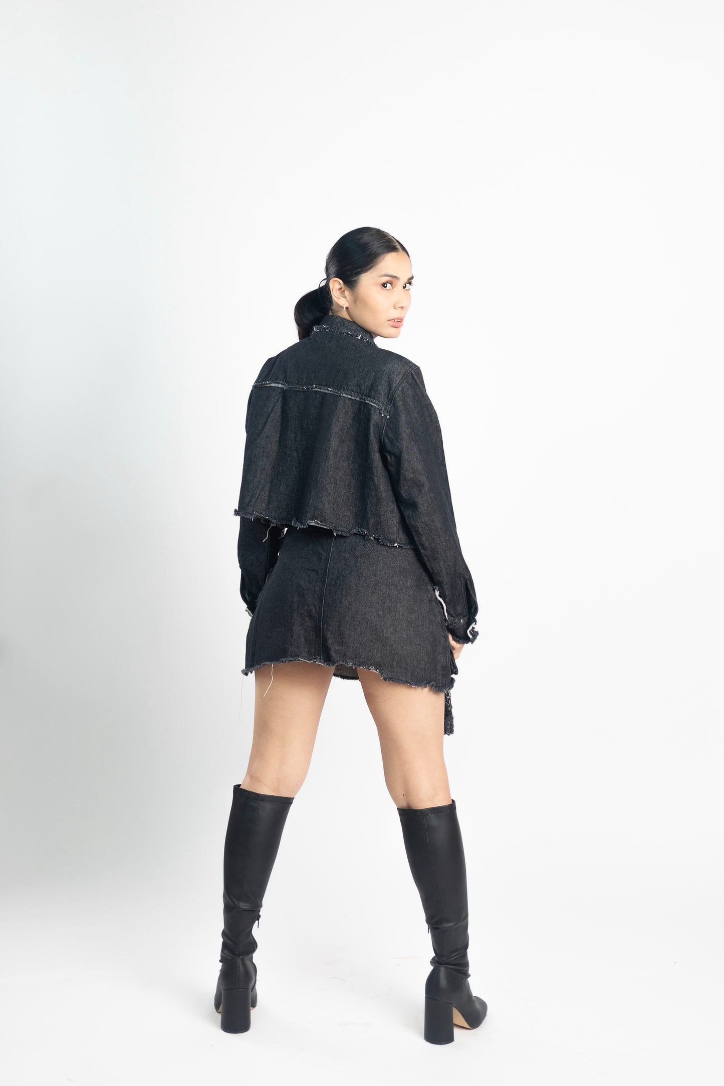 Female Ripped Distressed Denim Jacket and Raw Hem Distressed Skirt. JeansQueen