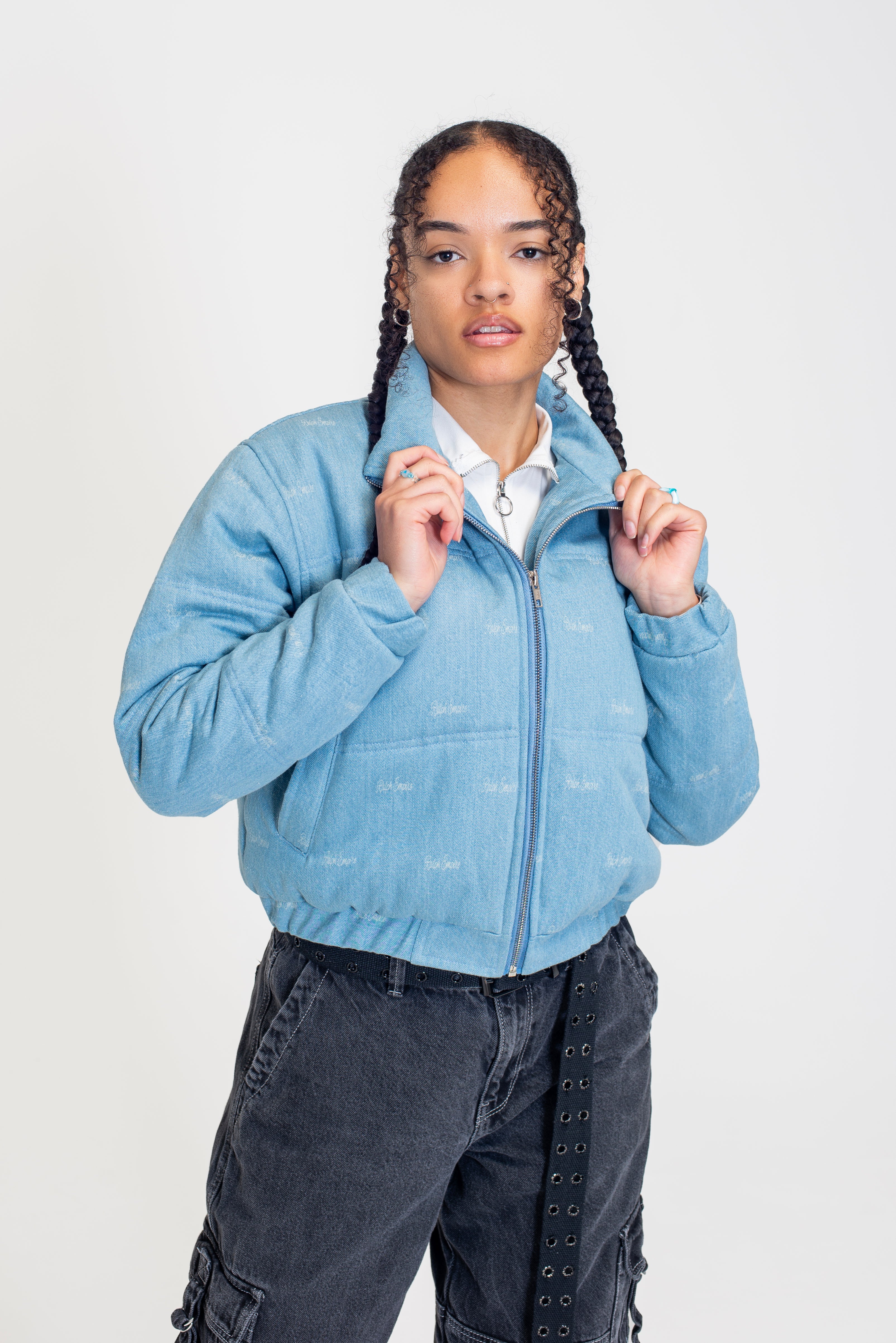 The Denim Cloud - Washed Denim Blue Cropped Puffer Jacket