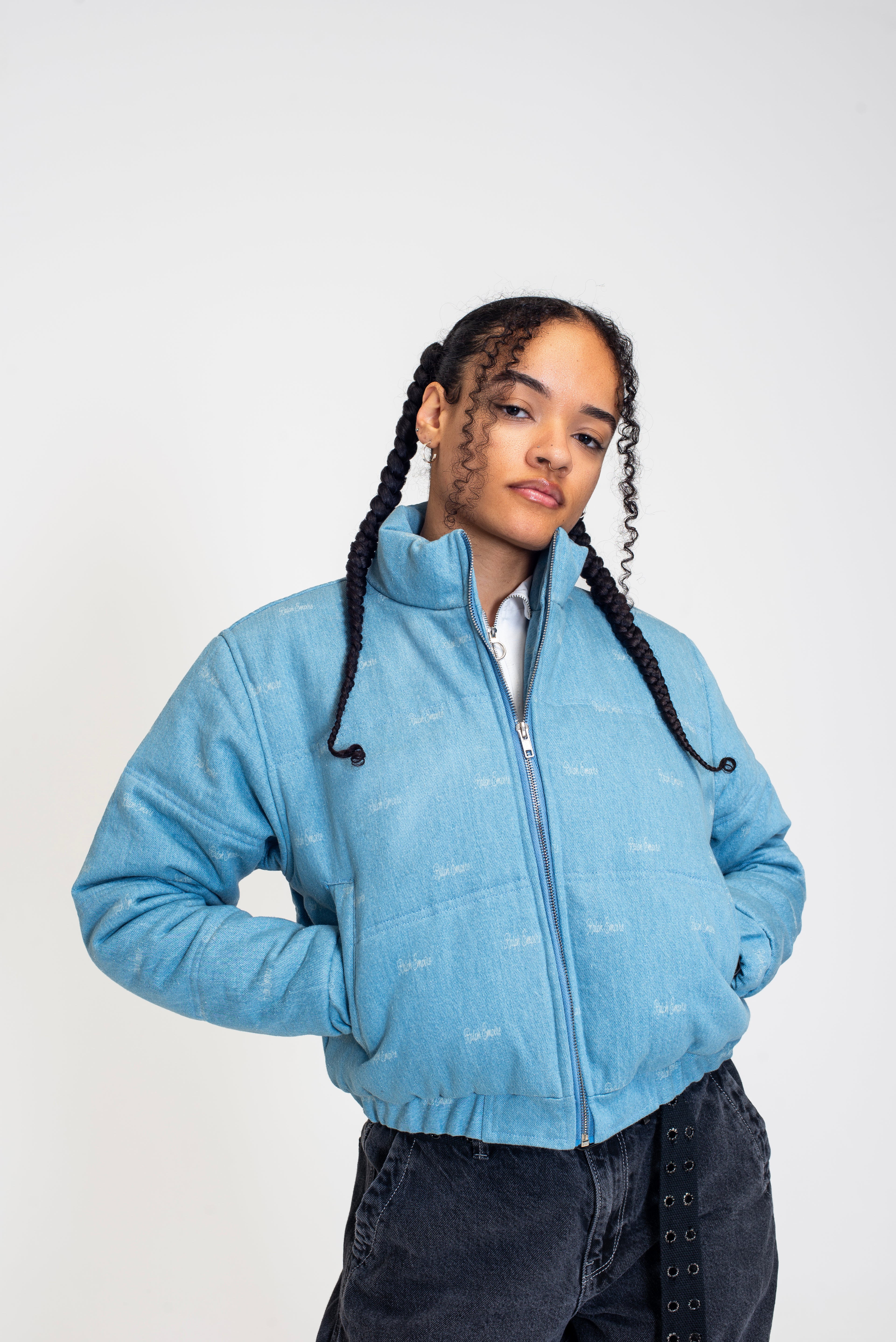 The Denim Cloud - Washed Denim Blue Cropped Puffer Jacket