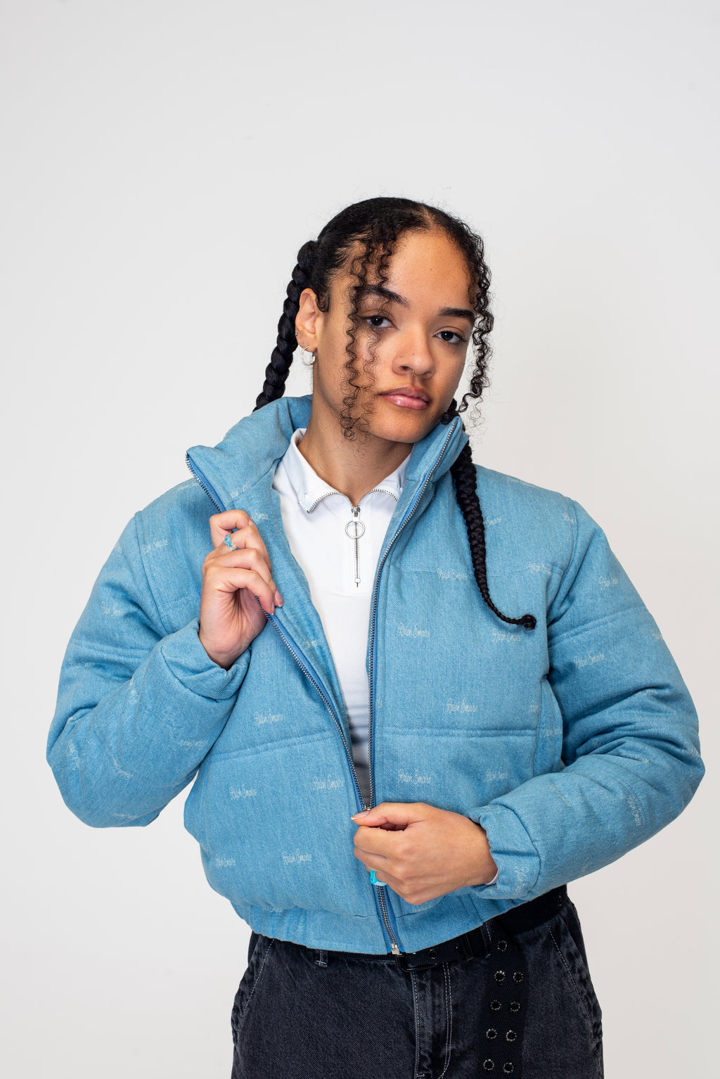The Denim Cloud - Washed Denim Blue Cropped Puffer Jacket