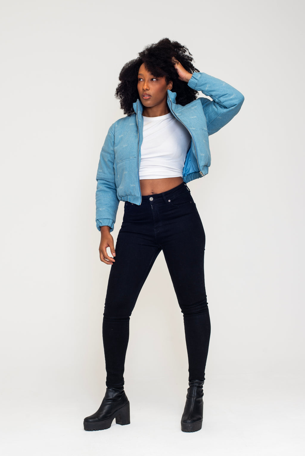 The Denim Cloud - Washed Denim Blue Cropped Puffer Jacket