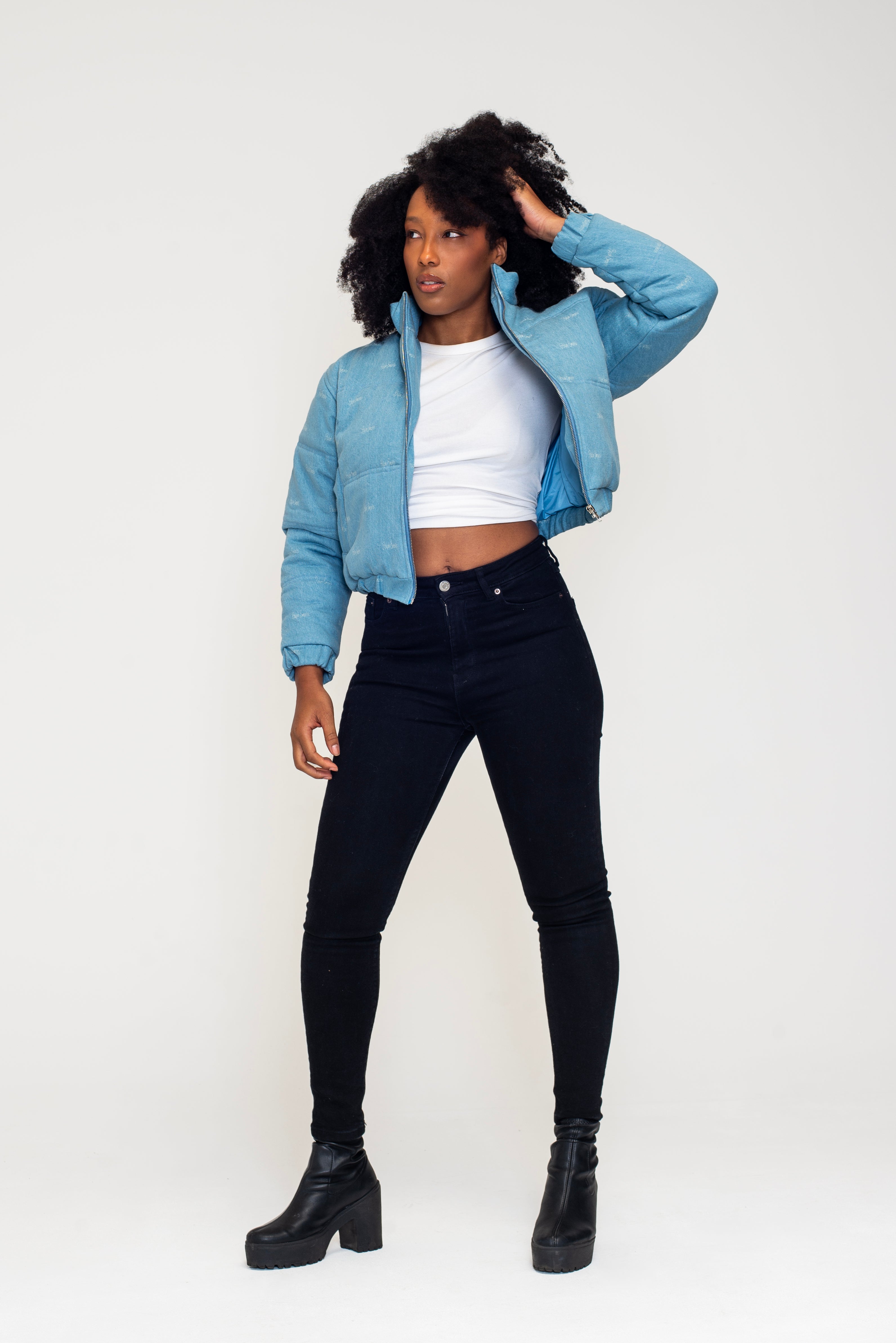 The Denim Cloud - Washed Denim Blue Cropped Puffer Jacket