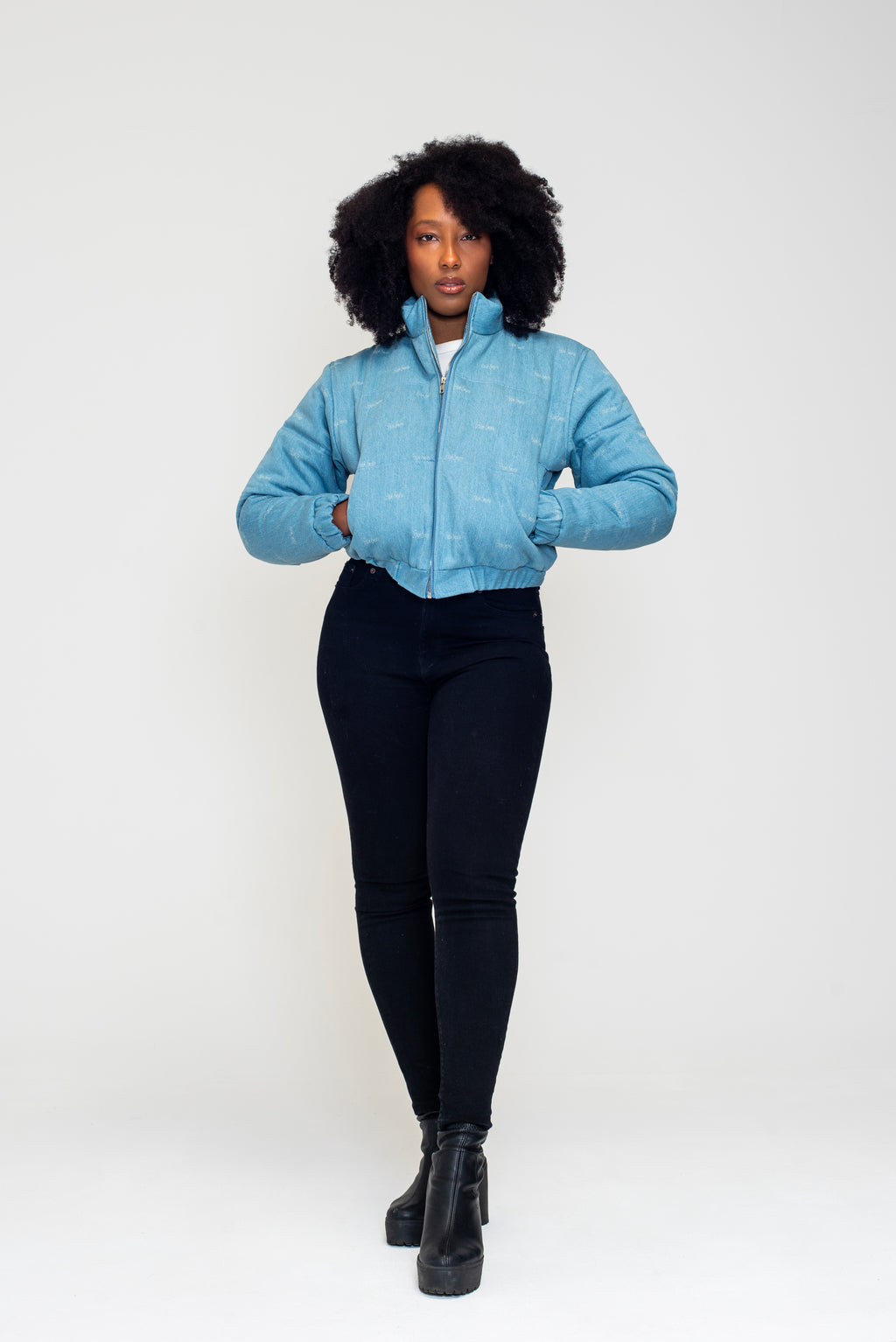The Denim Cloud - Washed Denim Blue Cropped Puffer Jacket