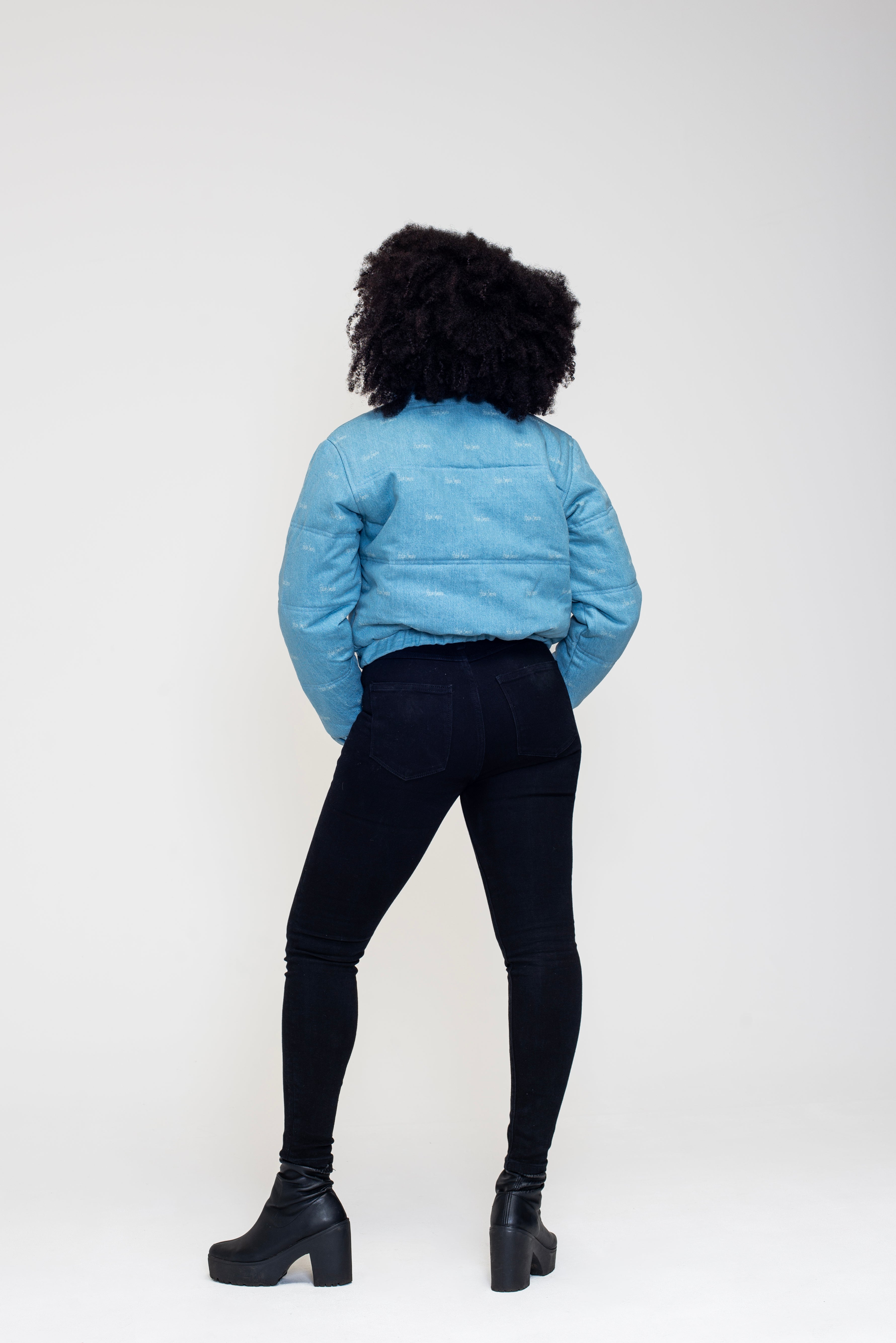 The Denim Cloud - Washed Denim Blue Cropped Puffer Jacket