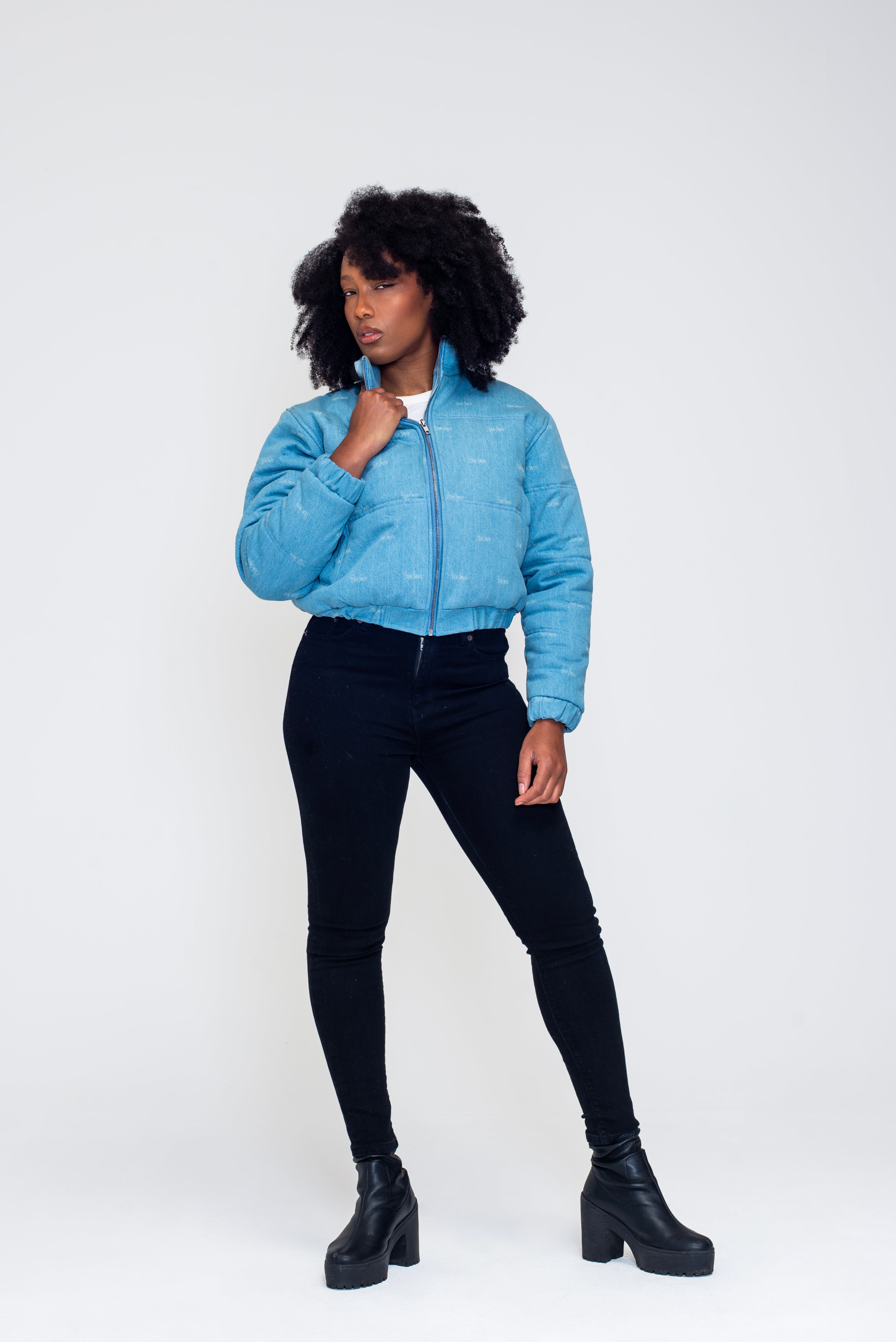 The Denim Cloud - Washed Denim Blue Cropped Puffer Jacket