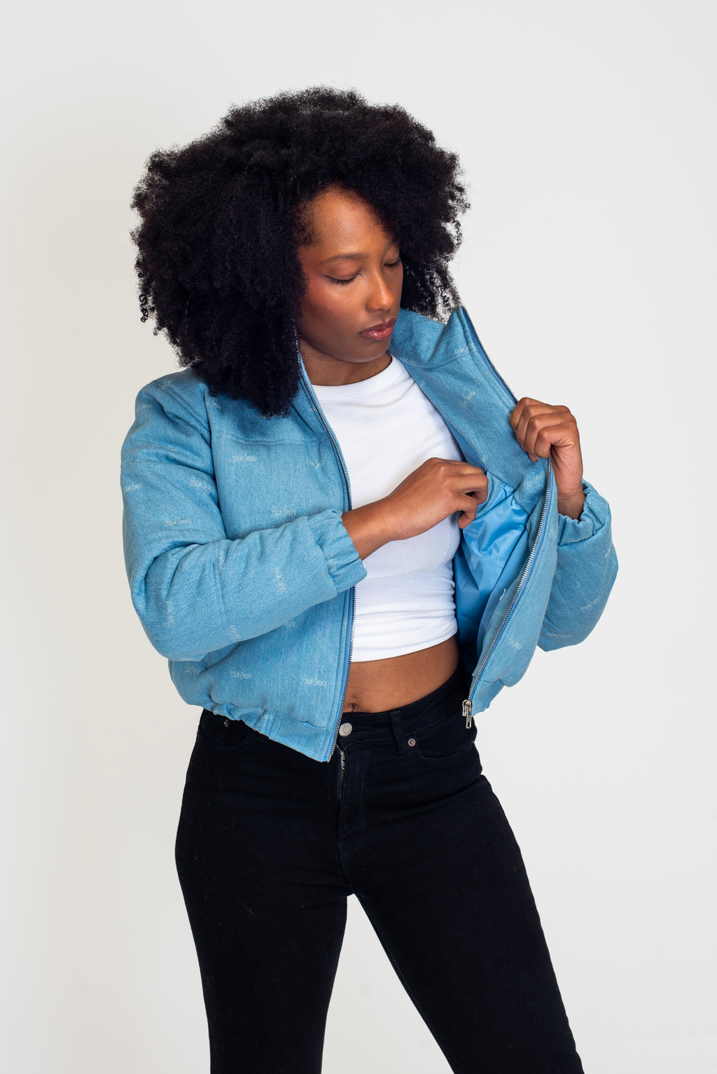 The Denim Cloud - Washed Denim Blue Cropped Puffer Jacket