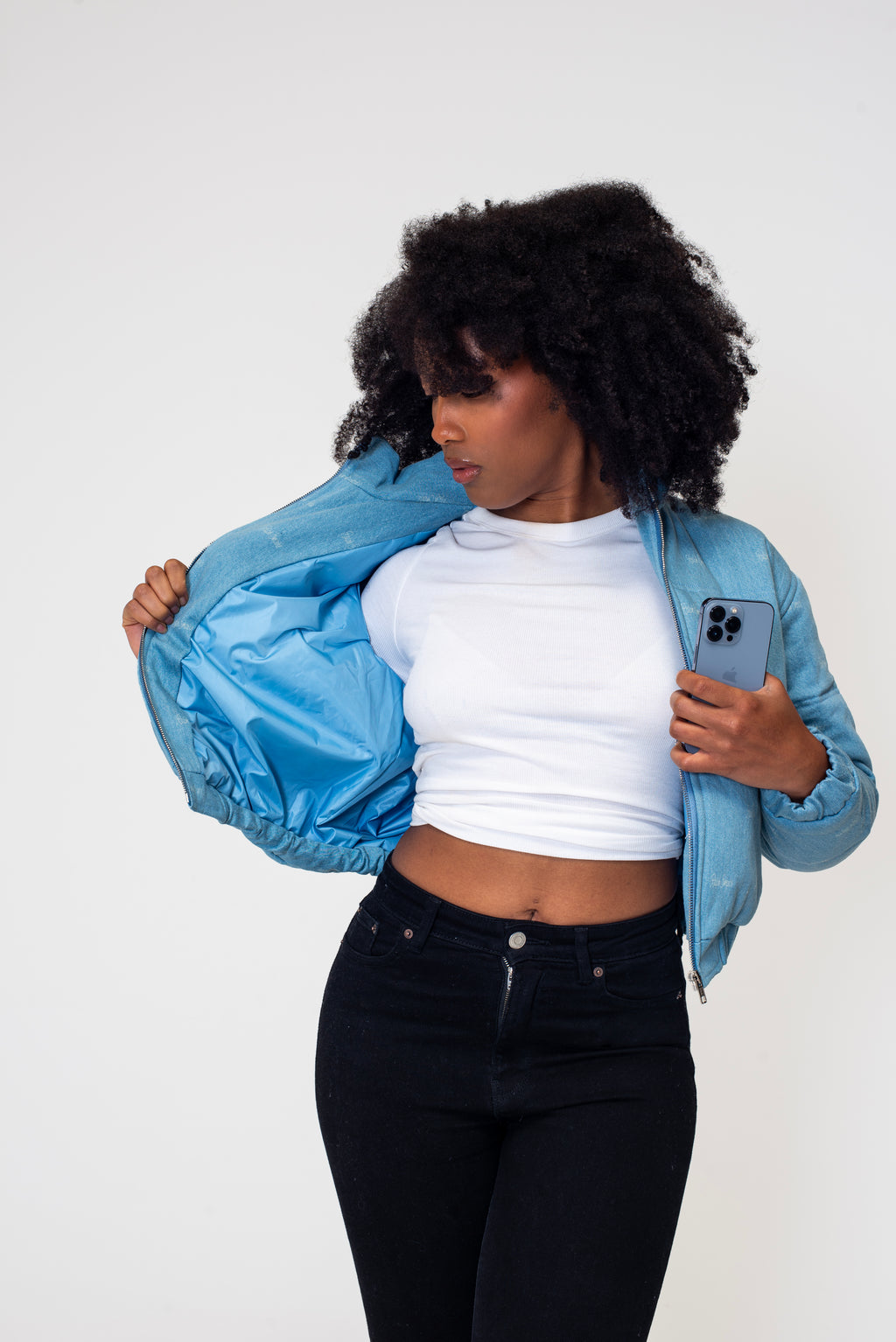 The Denim Cloud - Washed Denim Blue Cropped Puffer Jacket