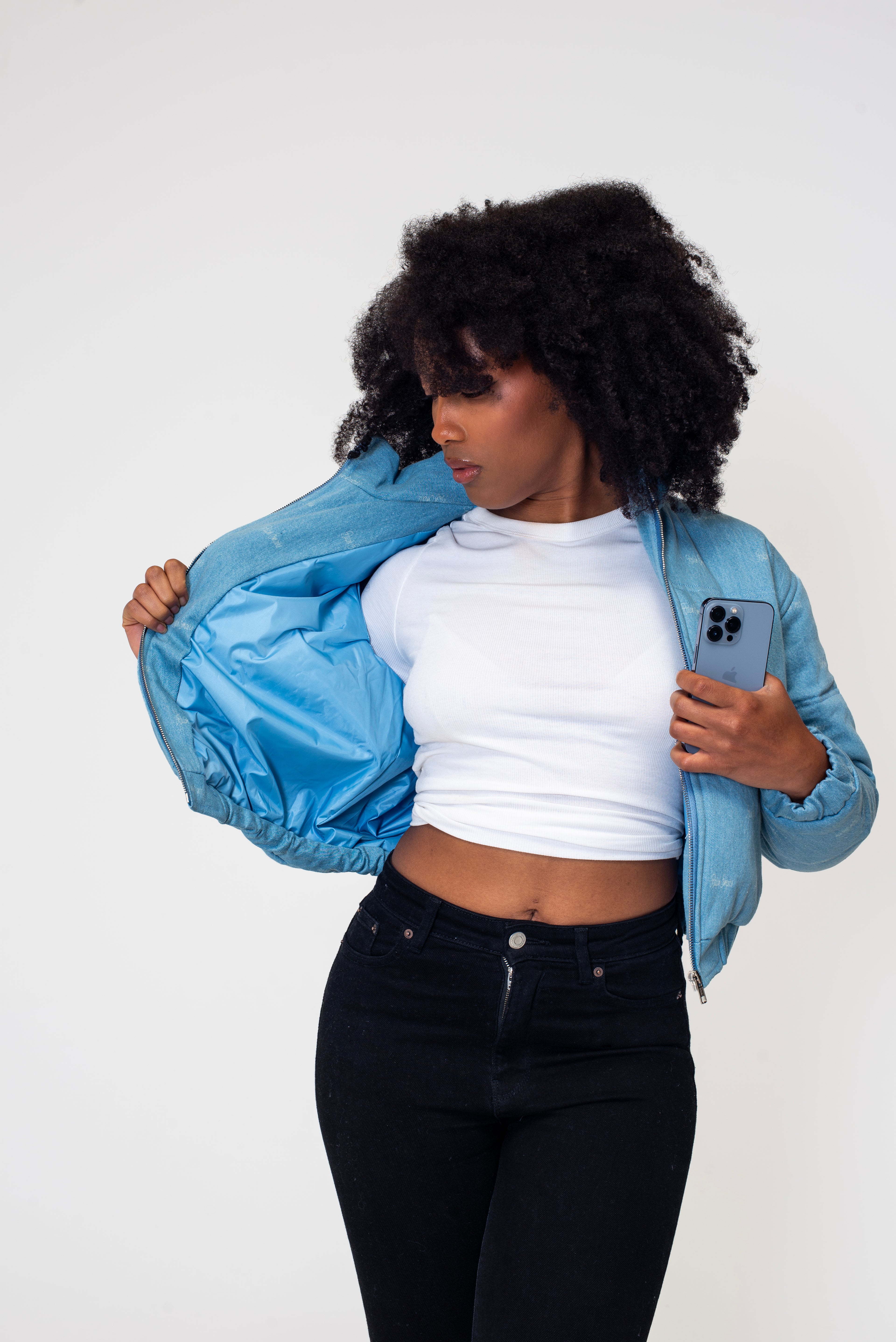 The Denim Cloud - Washed Denim Blue Cropped Puffer Jacket