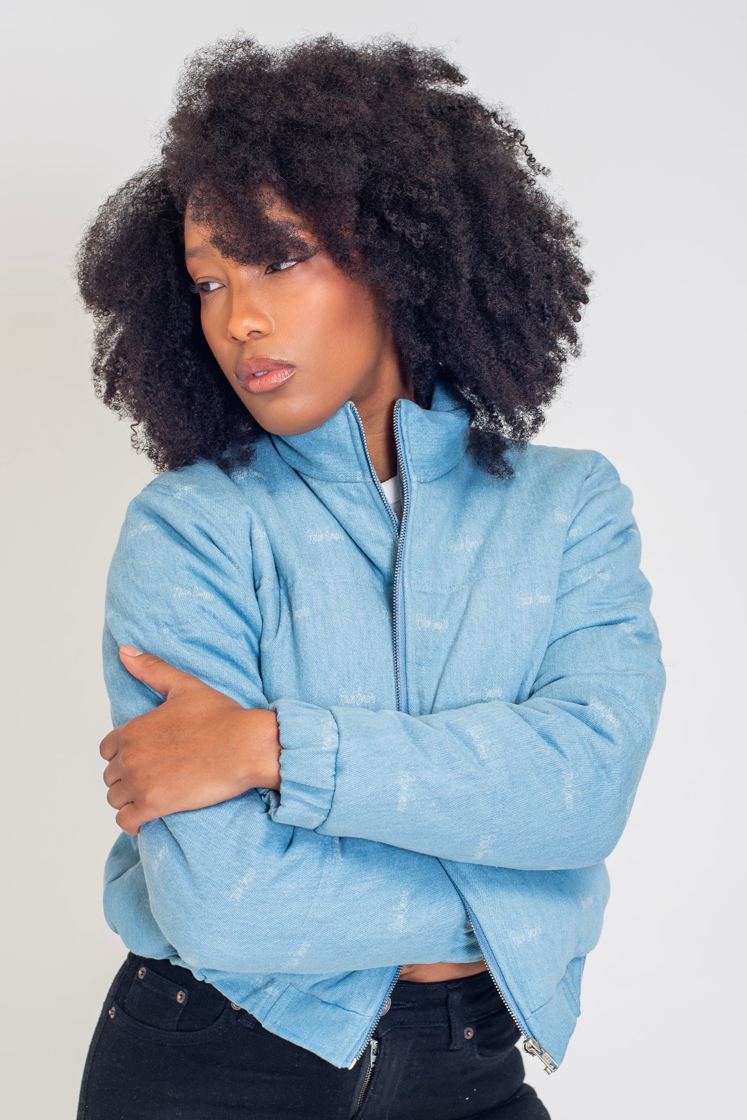 The Denim Cloud - Washed Denim Blue Cropped Puffer Jacket