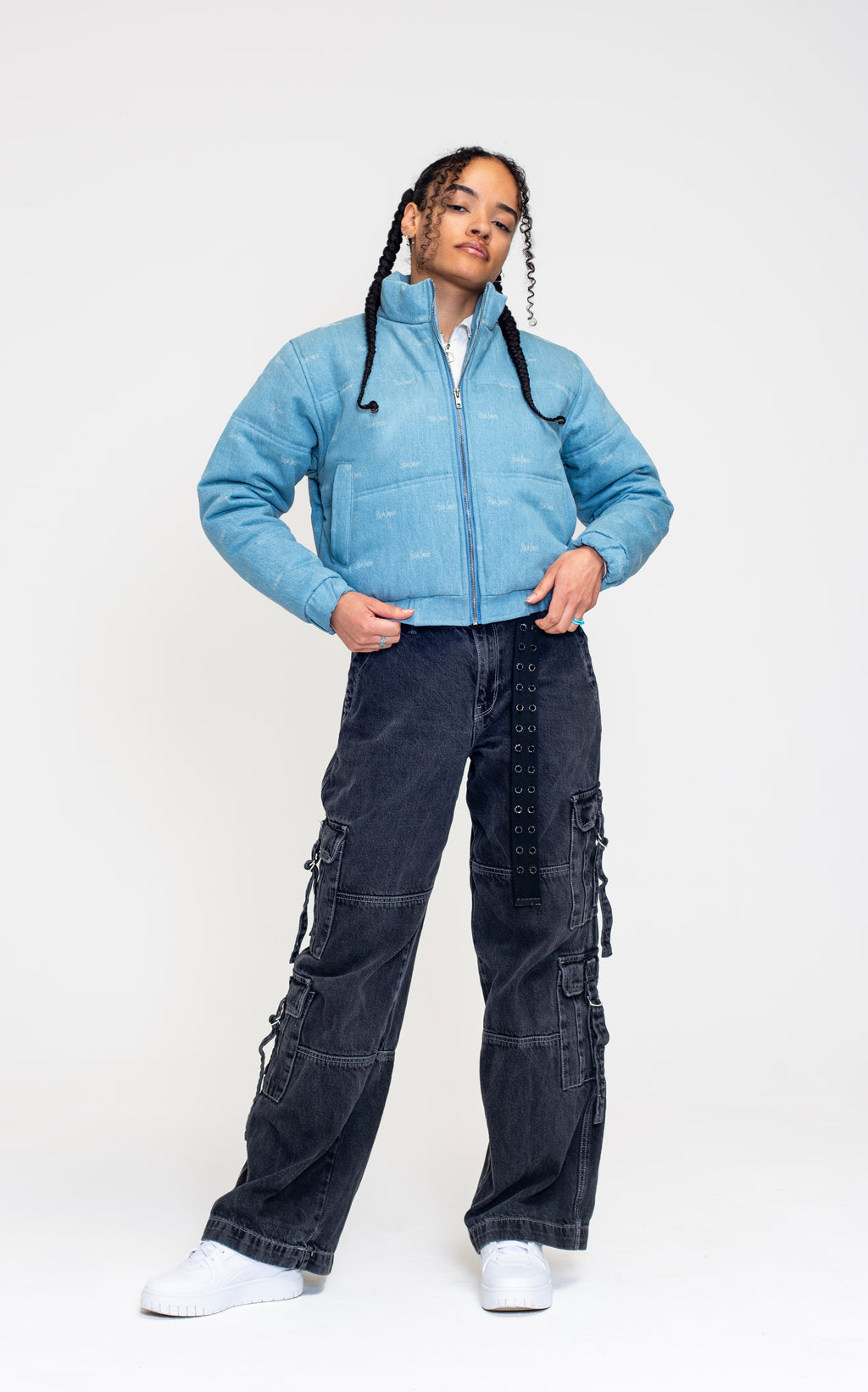 The Denim Cloud - Washed Denim Blue Cropped Puffer Jacket