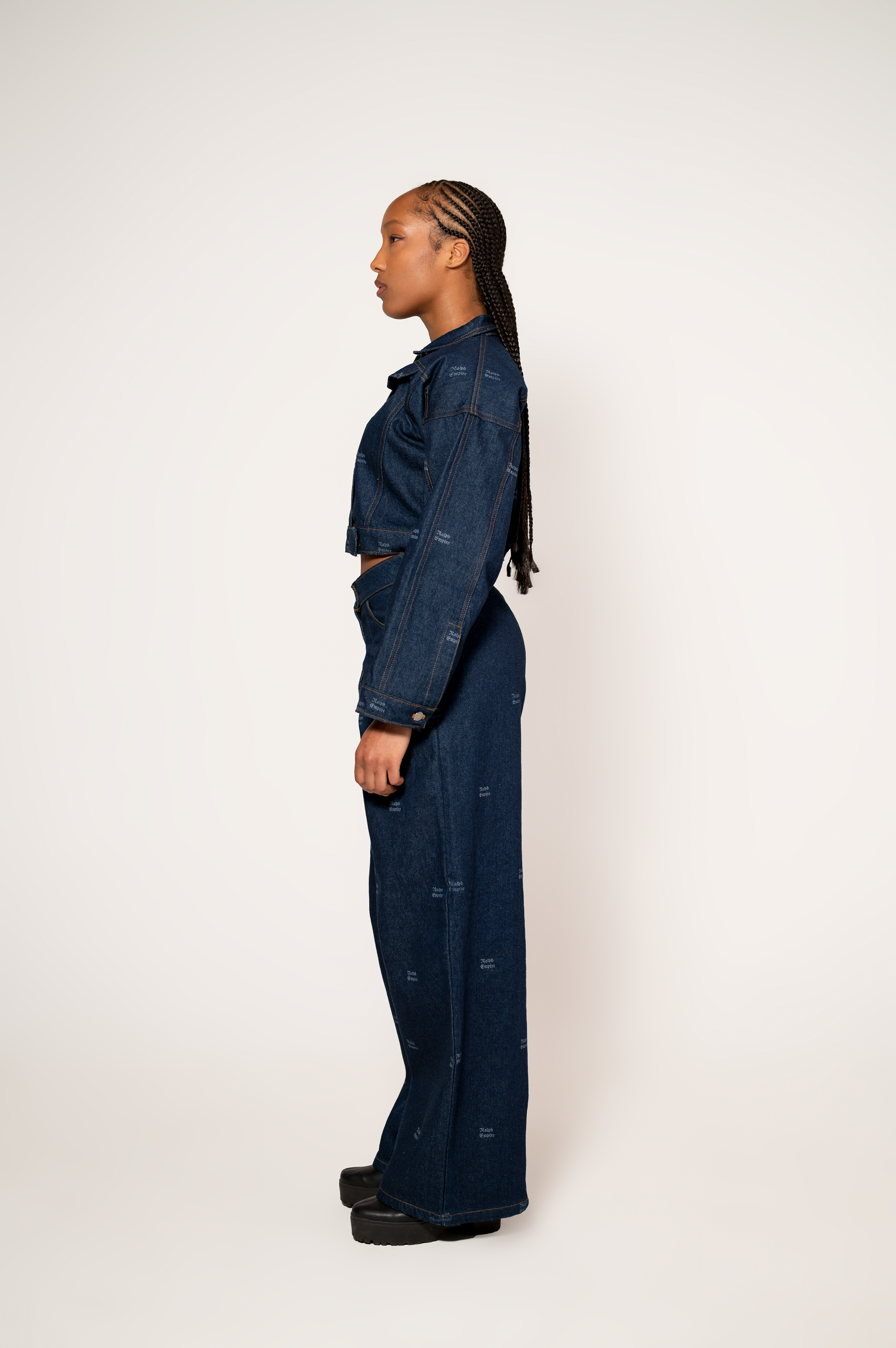 Blueprint Denim Set – Kurze Jacke und Hose mit weitem Bein und hoher Taille