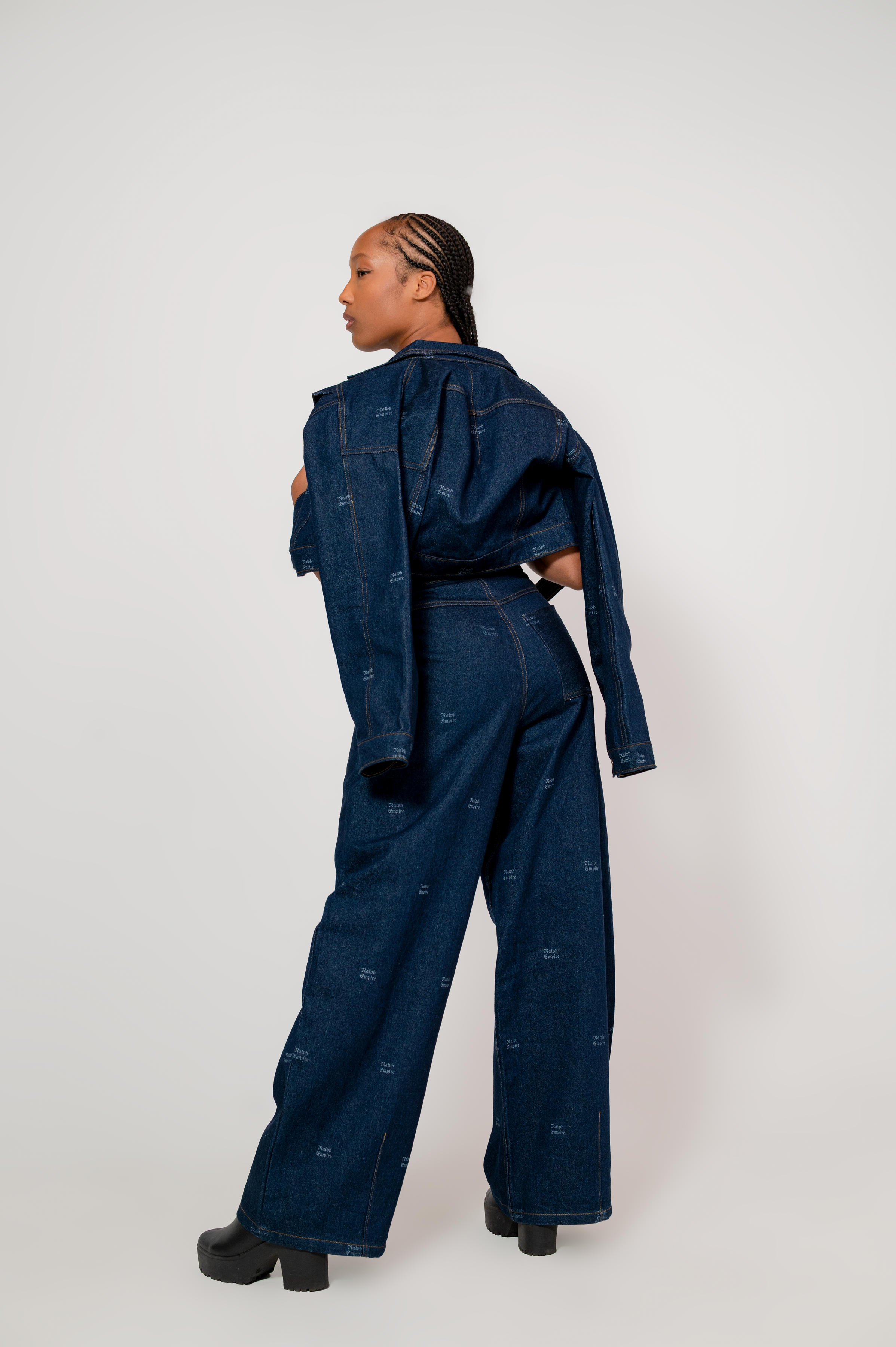 Blueprint Denim Set – Kurze Jacke und Hose mit weitem Bein und hoher Taille