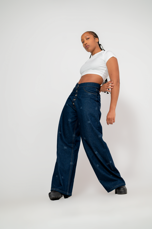 Blueprint Denim Set - High waist wide-leg Pants