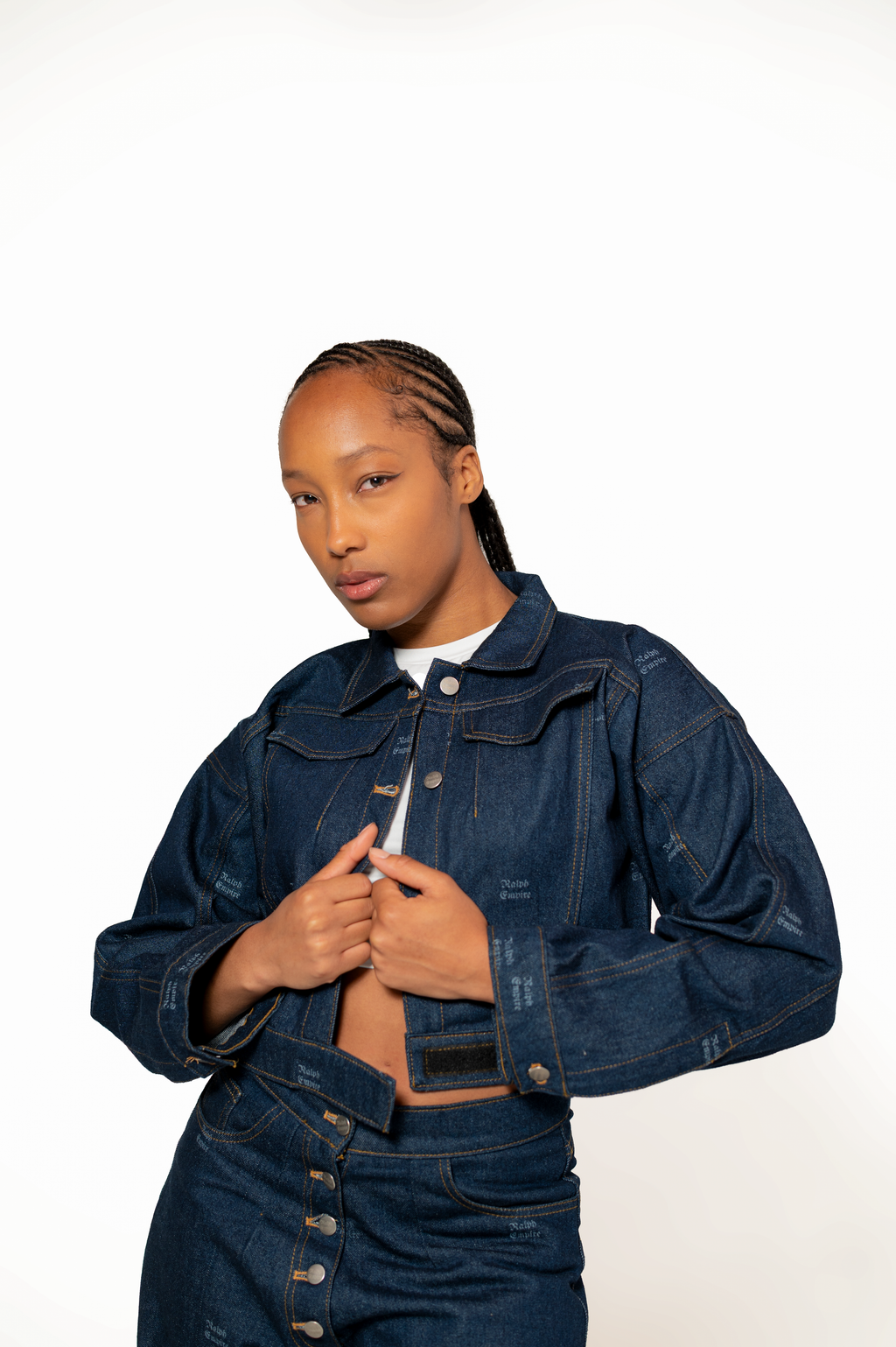 Blueprint Denim Set – Kurze Jacke und Hose mit weitem Bein und hoher Taille