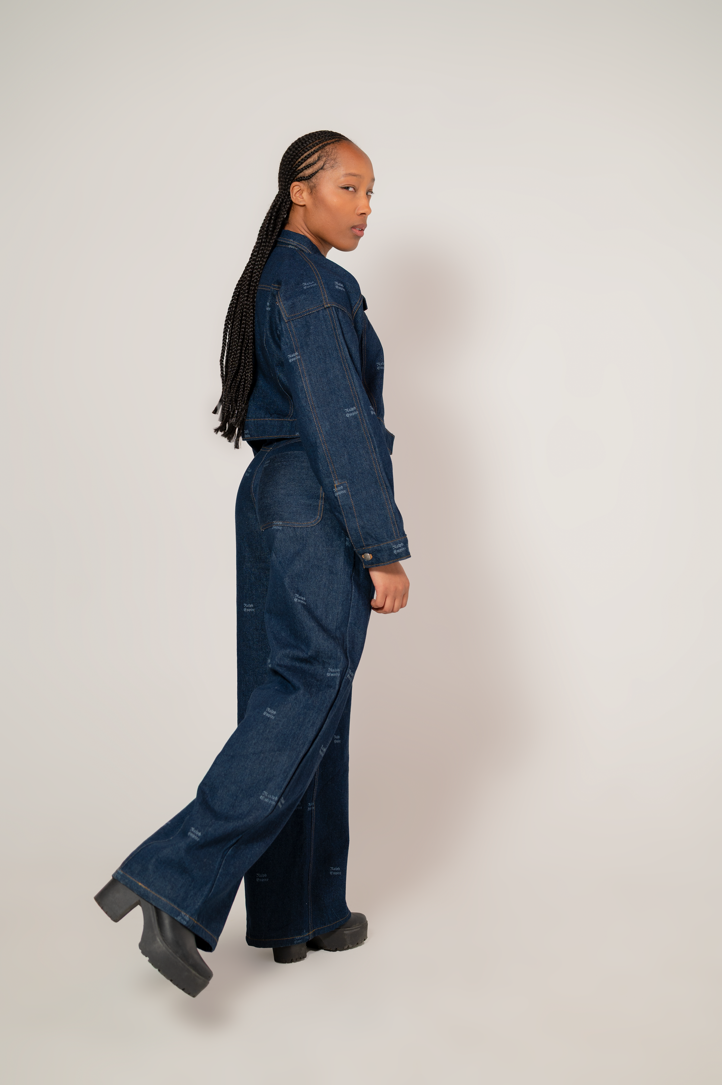 Blueprint Denim Set – Kurze Jacke und Hose mit weitem Bein und hoher Taille