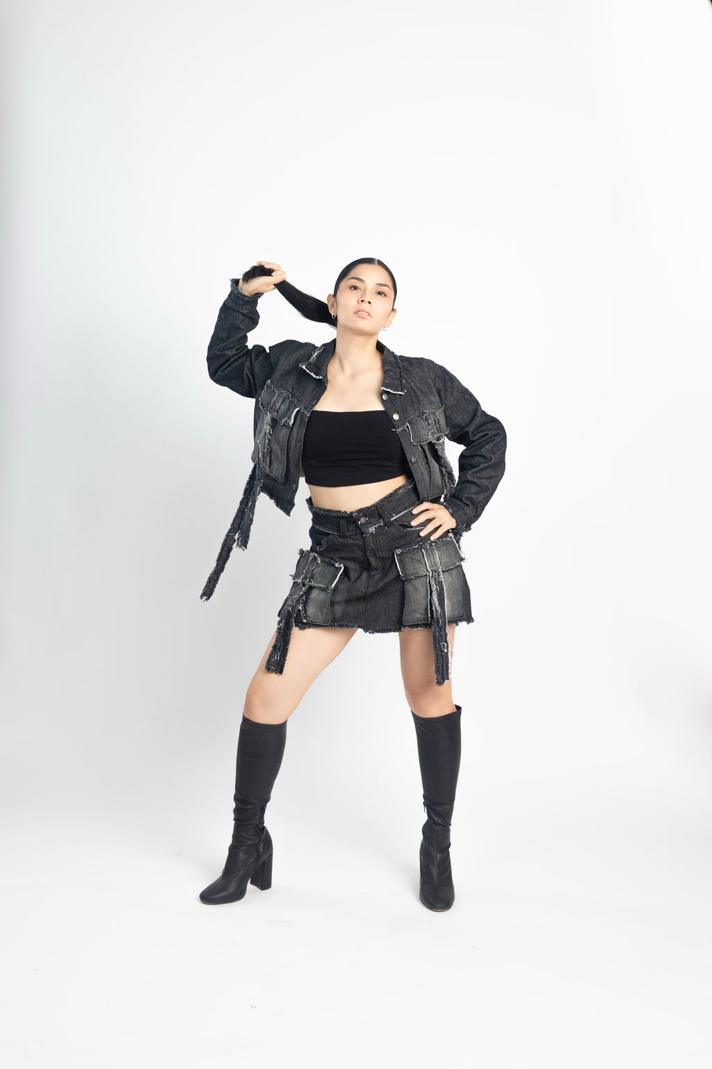 Female Ripped Distressed Denim Jacket and Raw Hem Distressed Skirt. JeansQueen