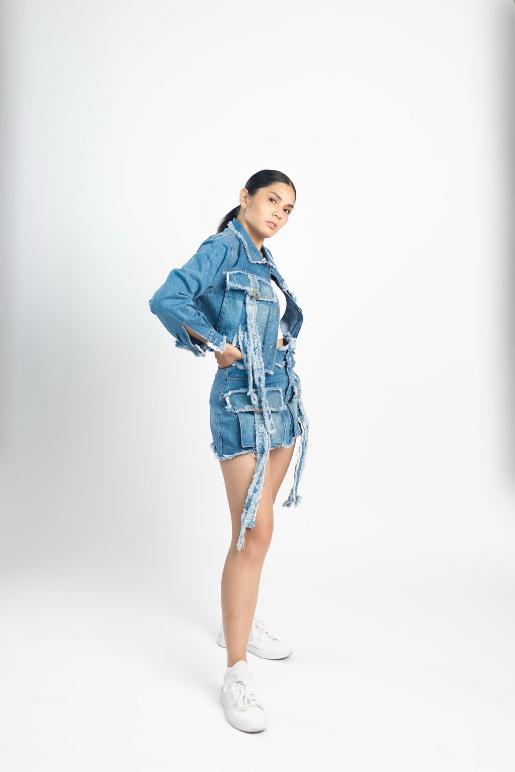 Female Ripped Distressed Denim Jacket and Raw Hem Distressed Skirt. JeansQueen