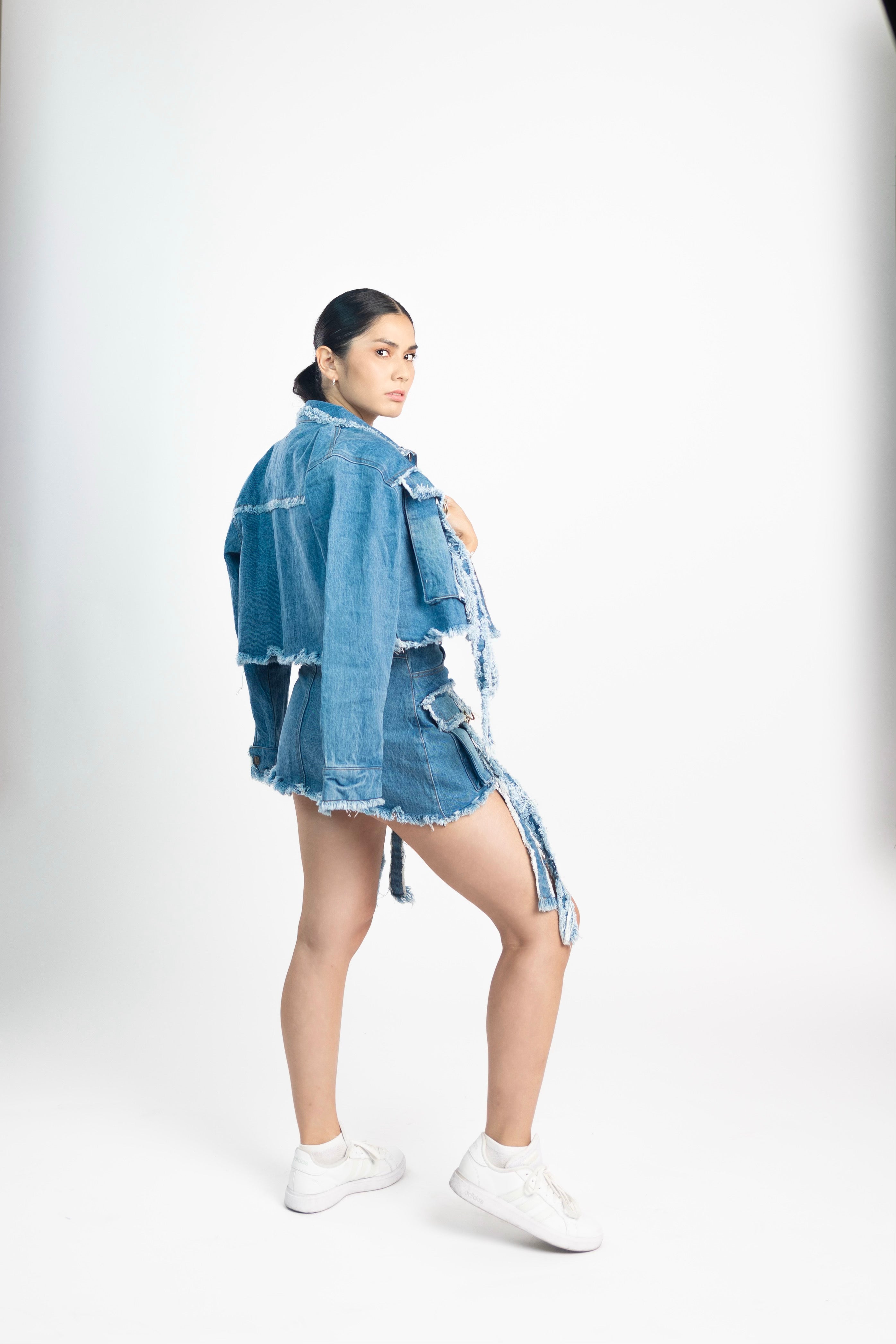 Female Ripped Distressed Denim Jacket and Raw Hem Distressed Skirt. JeansQueen
