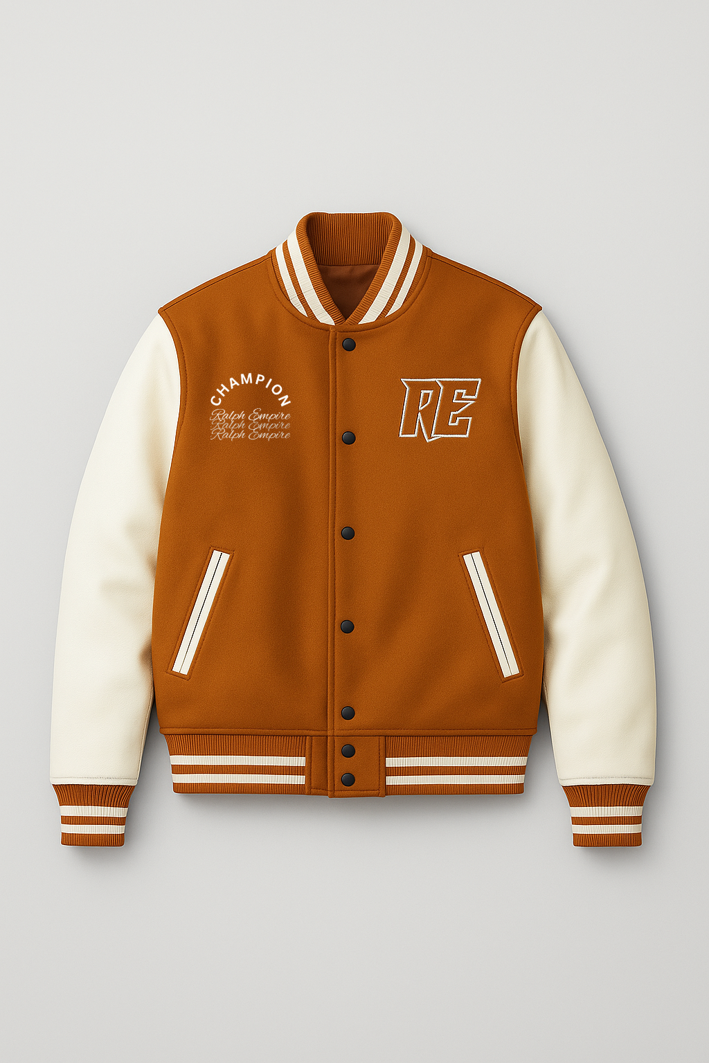 Empire Elite – Premium Collegejacke – Rostorange und Weiß. 
